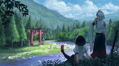 animal ears cirno daiyousei fjsmu forest hat inubashiri momiji katana shameimaru aya sword torii touhou tree water weapon wolfgirl