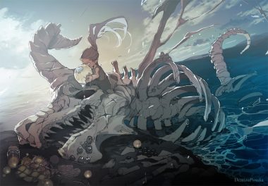 bones brown hair clouds demizu posuka dragon long hair original ponytail skull sky water watermark
