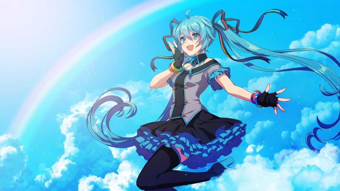 aqua eyes aqua hair clouds gloves hatsune miku long hair matsuda toki rainbow ribbons twintails vocaloid