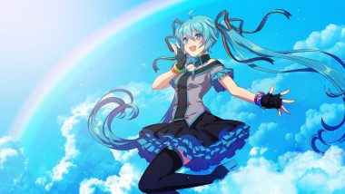 aqua eyes aqua hair clouds gloves hatsune miku long hair matsuda toki rainbow ribbons twintails vocaloid