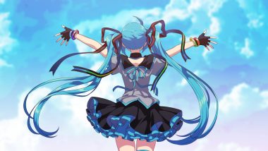 aqua hair clouds hatsune miku long hair matsuda toki ribbons skirt twintails vocaloid wristwear