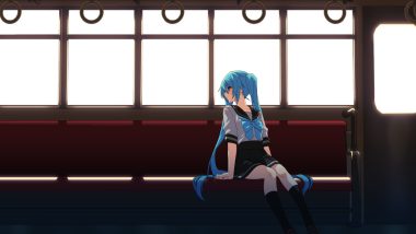 aqua eyes aqua hair hatsune miku kneehighs long hair matsuda toki school uniform train twintails vocaloid