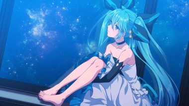 aliasing aqua eyes aqua hair barefoot choker dress hatsune miku long hair matsuda toki twintails vocaloid