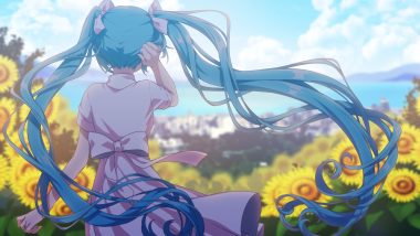 aqua hair bow clouds dress flowers hatsune miku long hair matsuda toki summer dress sunflower twintails vocaloid
