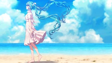 aqua eyes aqua hair barefoot beach clouds dress hatsune miku long hair matsuda toki summer dress twintails vocaloid water