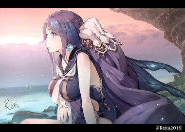 aqua eyes breasts clouds dress hoshizaki reita little mermaid (sinoalice) long hair purple hair signed sinoalice sky watermark