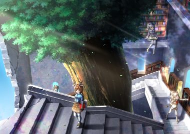 anthropomorphism axis deer (kemono friends) book eurasian eagle-owl (kemono friends) group kemono friends northern white-faced owl (kemono friends) stairs suishougensou suri alpaca (kemono friends) tree