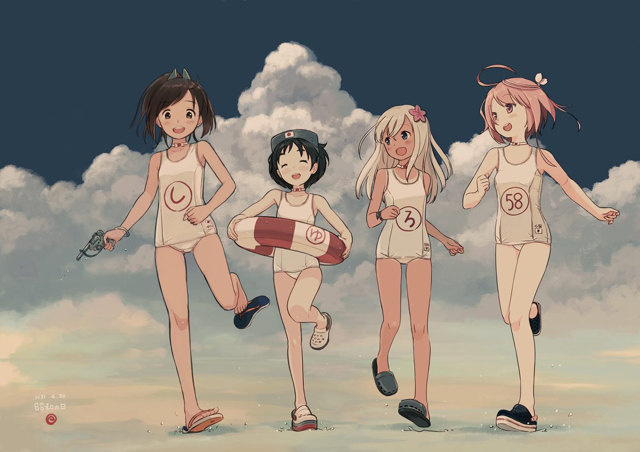 anthropomorphism clouds group i-401 (kancolle) i-58 (kancolle) kantai collection kokudou juunigou loli maru-yu (kancolle) ro-500 (kancolle) sky swimsuit
