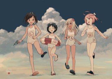 anthropomorphism clouds group i-401 (kancolle) i-58 (kancolle) kantai collection kokudou juunigou loli maru-yu (kancolle) ro-500 (kancolle) sky swimsuit