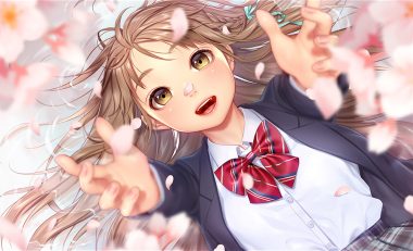 bow brown eyes brown hair cherry blossoms close flowers long hair masami chie original petals school uniform water