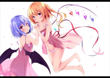 2girls barefoot blue hair blush bow flandre scarlet hyurasan orange hair panties red eyes remilia scarlet ribbons short hair touhou underwear vampire wings