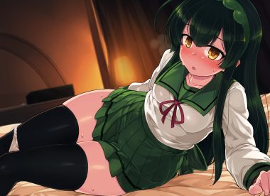 bed blush erect nipples green hair headband long hair nopan null (nyanpyoun) panties panty pull school uniform thighhighs touhoku zunko underwear voiceroid wet yellow eyes