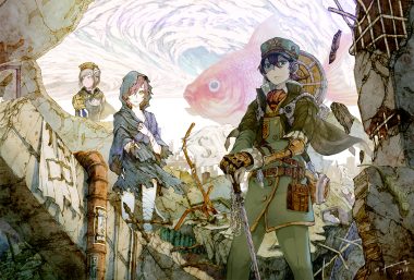 bandage black hair breasts cleavage clouds doll eyepatch hat headdress hood original red hair ruins scar short hair sky weapon wyx2