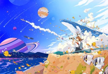 animal beach camera cat clouds fish keishin original planet scenic school uniform sky stars water