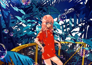 aqua eyes bubbles glasses keishin leaves original pink hair