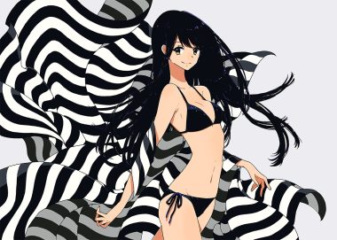 bikini black hair keishin long hair original swimsuit yellow eyes