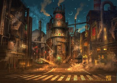 building car city clouds industrial moon night no humans original ruins scenic stars tokyogenso watermark