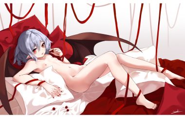 barefoot bed flat chest nipples nude pointed ears remilia scarlet ribbons signed snozaki touhou vampire