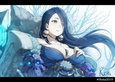 blue hair breast hold breasts brown eyes cleavage close hoshizaki reita kaguya hime (sinoalice) long hair signed sinoalice watermark
