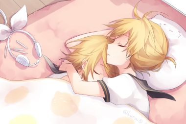 bed blonde hair headphones hug kagamine len kagamine rin kuroi (liar-player) male short hair signed sleeping vocaloid