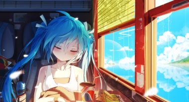 aqua hair clouds drink food hatsune miku long hair qys3 reflection sky sleeping train twintails vocaloid water