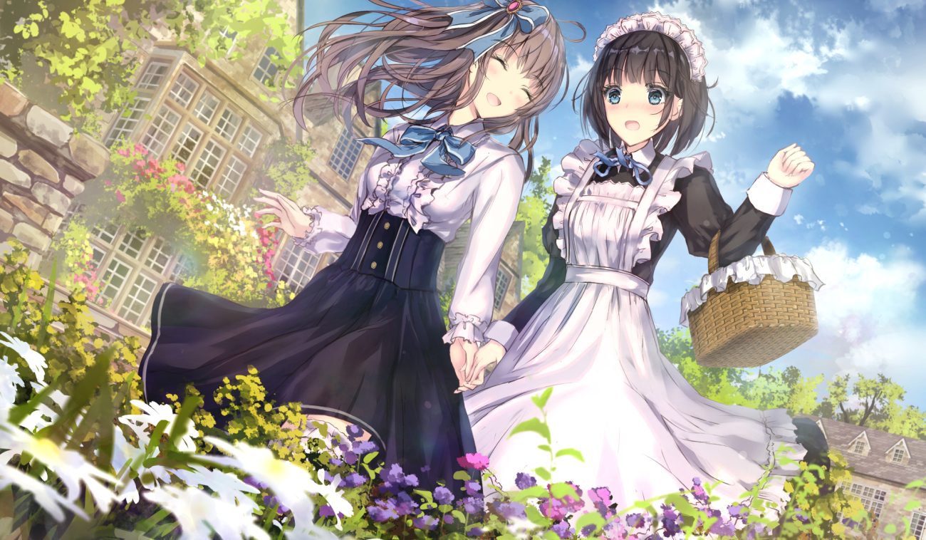 2girls apron black hair blue eyes bow brown hair building flowers headdress lolita fashion long hair maid missile228 original short hair