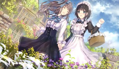 2girls apron black hair blue eyes bow brown hair building flowers headdress lolita fashion long hair maid missile228 original short hair