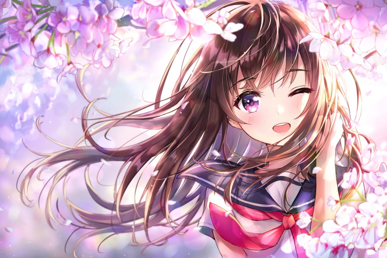 brown hair cherry blossoms dana (hapong07) flowers long hair original petals school uniform wink
