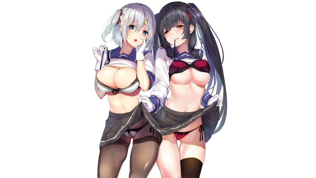 2girls anthropomorphism aqua eyes black hair blush bra breasts cameltoe cleavage gloves hamakaze (kancolle) isokaze (kancolle) kantai collection long hair monoto orange eyes panties pantyhose ponytail ribbons school uniform shirt lift short hair skirt skirt lift stockings third-party edit twintails underboob underwear undressing white white hair