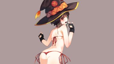 ass bikini blush bow brown hair gloves gray hat kono subarashii sekai ni shukufuku wo! megumin red eyes swimsuit tofu1601 witch hat