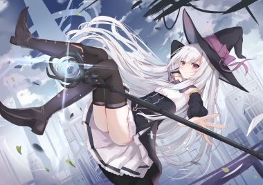 boots building city hat long hair original red eyes ribbons ruins shirt sky staff thighhighs touhourh witch witch hat