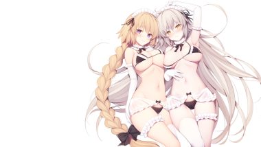 aliasing bikini blonde hair blush bow braids breasts cameltoe choker elbow gloves fate/grand order fate (series) garter gloves gray hair headdress jeanne d'arc alter jeanne d'arc (fate) long hair maid miko (royal milk) navel purple eyes ribbons swimsuit thighhighs white yellow eyes