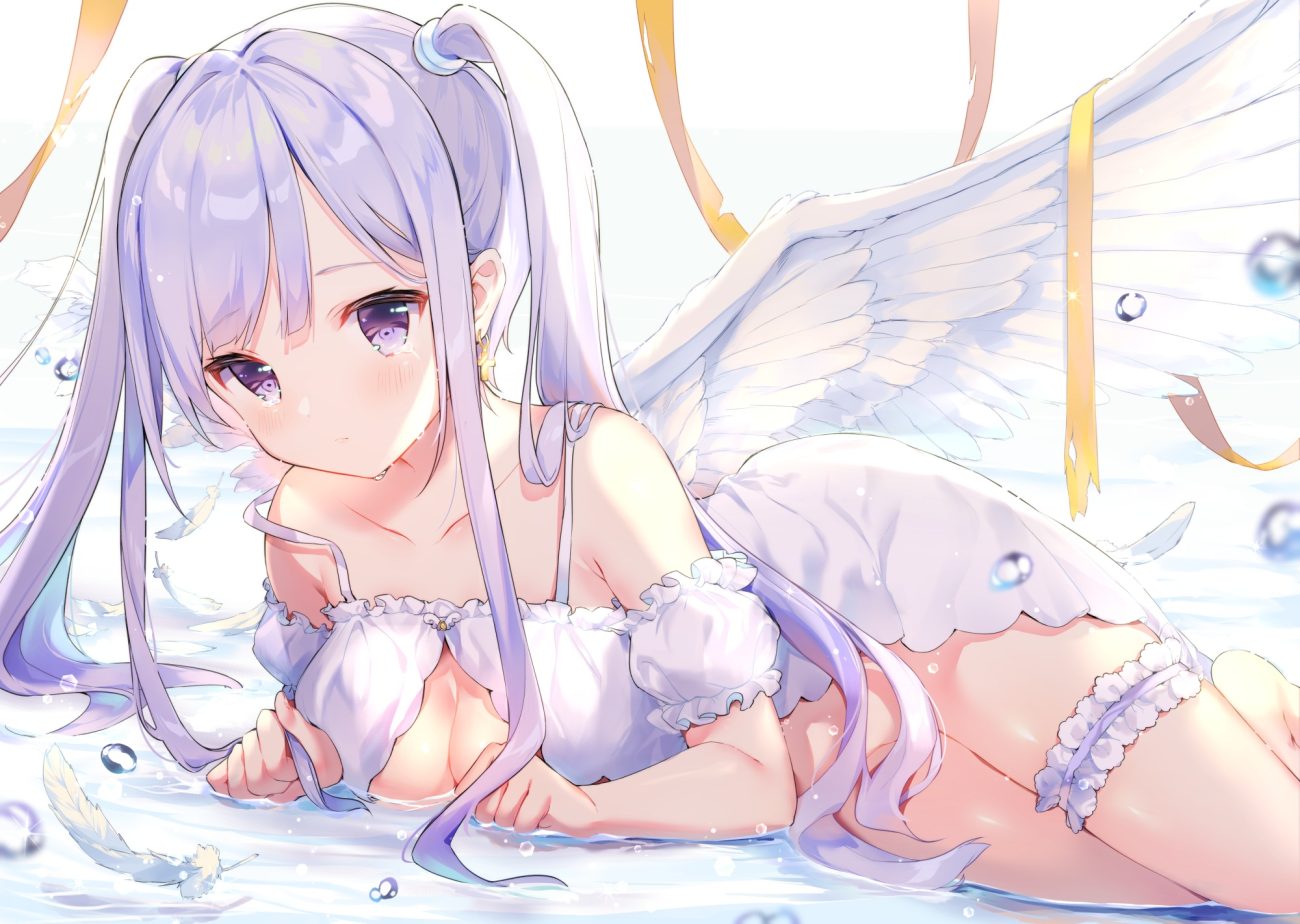 breasts cleavage cona kinaco feathers garter long hair no bra nopan original purple eyes purple hair ribbons tears twintails water wings