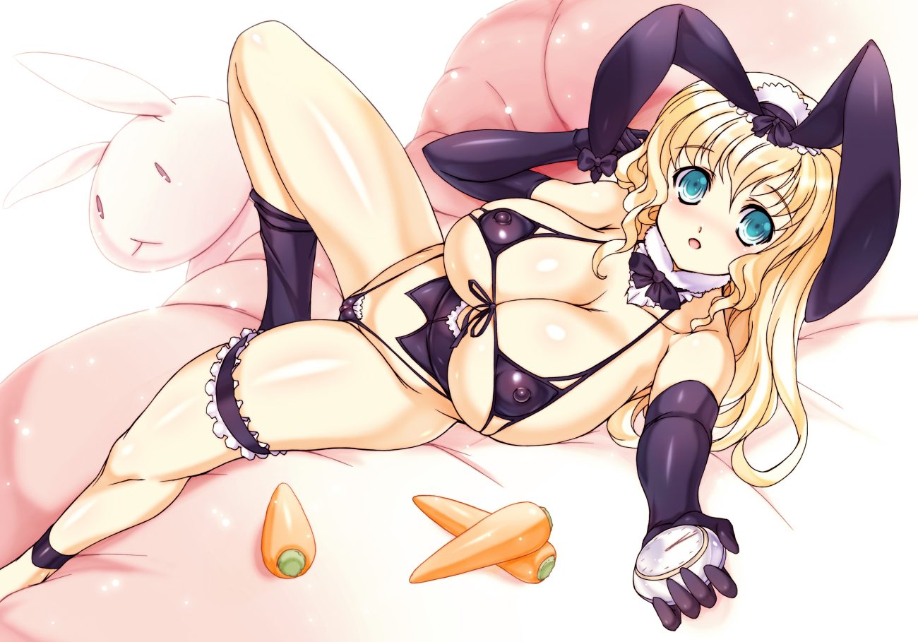animal ears bow breasts bunny ears bunnygirl cameltoe cleavage elbow gloves erect nipples garter glasses gloves ishida hiroyuki maid original swimsuit