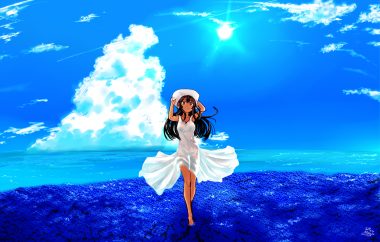 clouds dark skin dress flowers hat kotoba noriaki long hair original scenic sky water