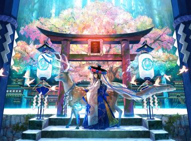 animal black hair cherry blossoms flowers forest fuji choko headdress japanese clothes long hair original rope torii tree