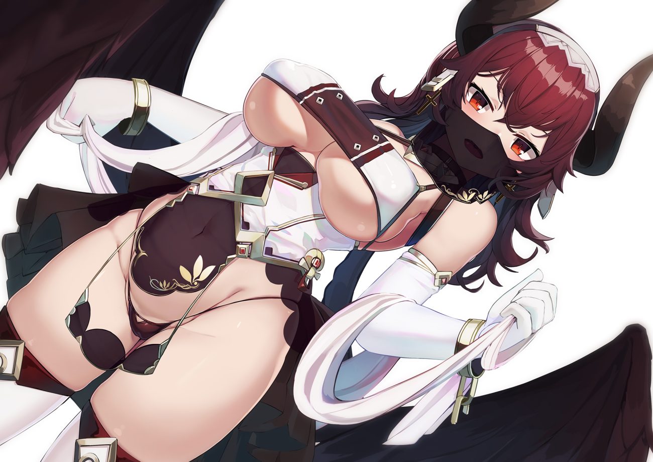 blush breasts cameltoe cross elbow gloves gloves horns mask natori youkai navel no bra original panties red eyes red hair thighhighs underboob underwear wings wristwear