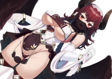 blush breasts cameltoe cross elbow gloves gloves horns mask natori youkai navel no bra original panties red eyes red hair thighhighs underboob underwear wings wristwear