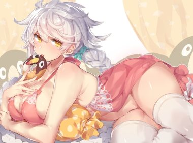 anthropomorphism braids food kantai collection long hair panties ponytail thighhighs underwear unryuu (kancolle) waifu2x white hair yamaarashi yellow eyes
