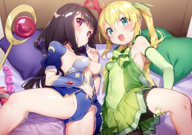 2girls bed black hair blonde hair blush cameltoe condom dress green eyes kamishiro nozomi loli long hair mahou shoujo kanae sharon (mahou shoujo kanae) spread legs tagme (artist) twintails yumehiko