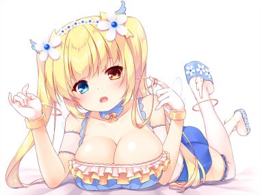 bicolored eyes blonde hair boots breasts cleavage hanemiya noa headband long hair ryuuseigun project thighhighs twintails yuku (kiollion)