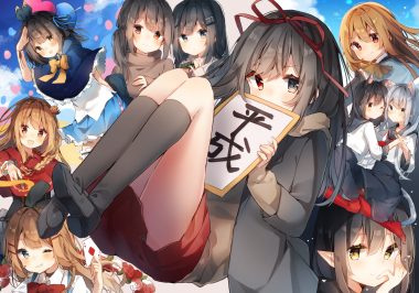 bicolored eyes black hair blue eyes bow brown hair heripiro long hair original pointed ears ponytail red eyes short hair skirt wink