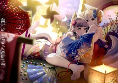 2girls aliasing animal ears barefoot black eyes black hair butterfly casino (casinoep) fan foxgirl gray eyes gray hair idolmaster idolmaster cinderella girls japanese clothes kimono kobayakawa sae multiple tails shiomi shuuko tail umbrella