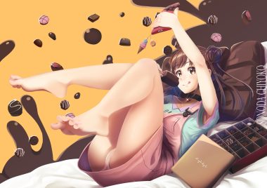 barefoot bed brown eyes brown hair camera candy casino (casinoep) chocolate choker food idolmaster idolmaster shiny colors panties phone popsicle sonoda chiyoko twintails underwear