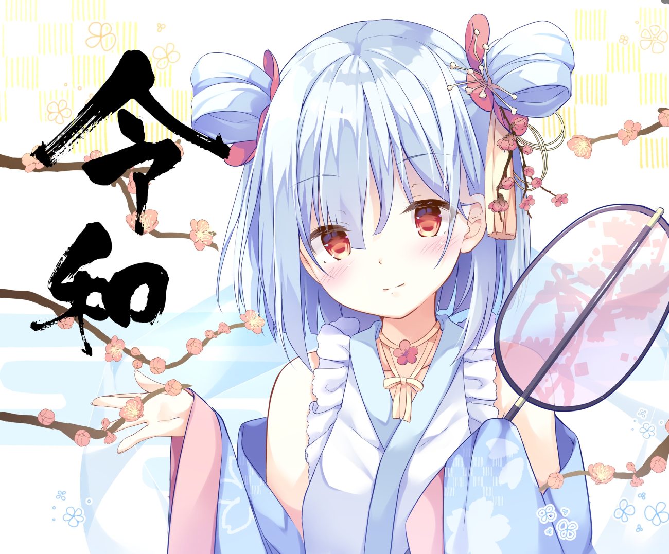 blue hair blush flowers japanese clothes kimono kinokomushi original red eyes