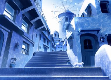 animal blue building cat gensuke monochrome no humans original scenic stairs