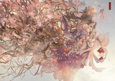 cherry blossoms flowers instrument japanese clothes kimono nanahara shie original petals ribbons