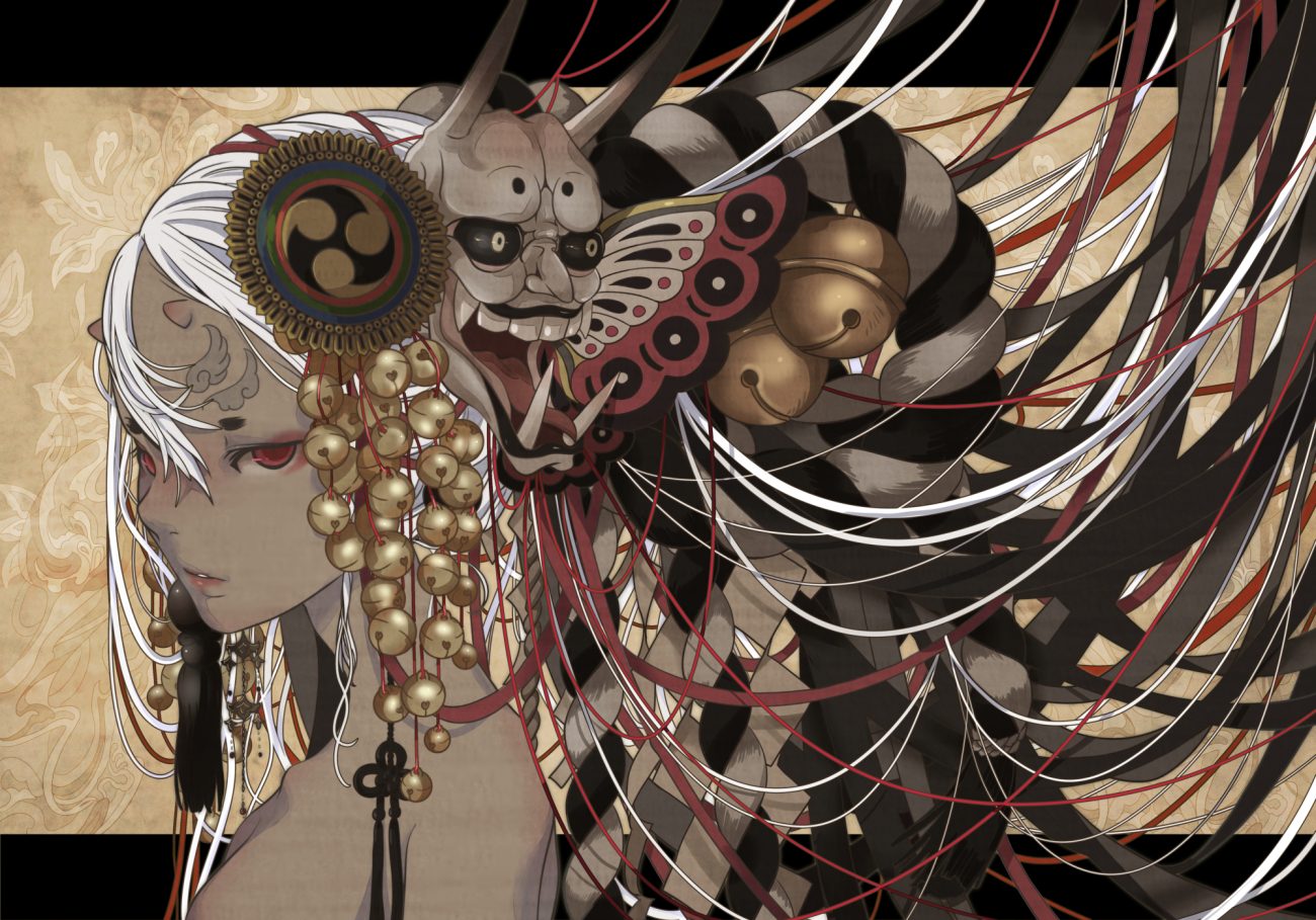 bell dark skin demon mask nanahara shie original red eyes white hair
