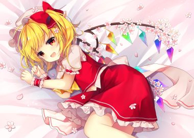 blonde hair blush bow cherry blossoms fang flandre scarlet flowers hat petals red eyes ruhika short hair skirt touhou vampire wings