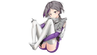 anthropomorphism elbow gloves girls frontline gloves gray hair pixel (yuxian) purple eyes short hair stockings thighhighs thompson/center contender (girls frontline) white